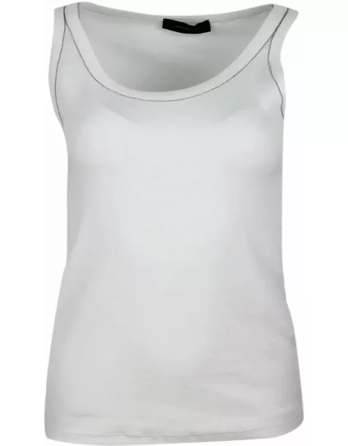 Fabiana Filippi Sleeveless T-shirt, Ribbed Cotton Tank Top With U-neck, Elbow-length Sleeves Embellished With Rows Of Monili On The Neck And Side