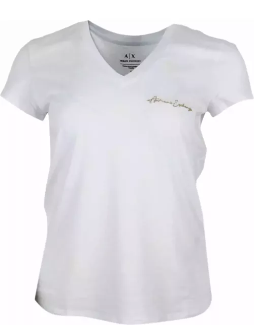 Armani Collezioni Short Sleeve V-neck T-shirt With Logo On The Chest