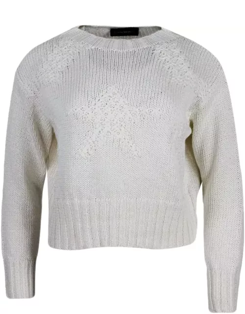 Lorena Antoniazzi Long-sleeved Crew-neck Sweater In Cotton With Refined Star Work On The Front
