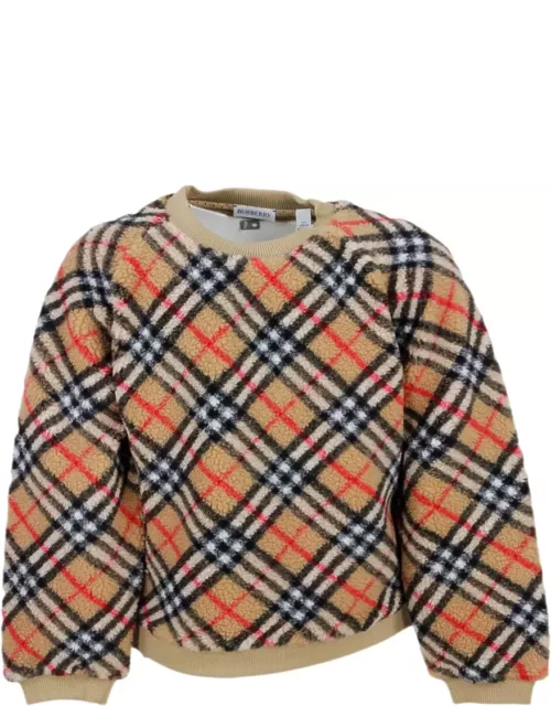 Burberry Long-sleeved Crew-neck Sweater In Fleece With Check Pattern And Ribbed Fabric Cuff