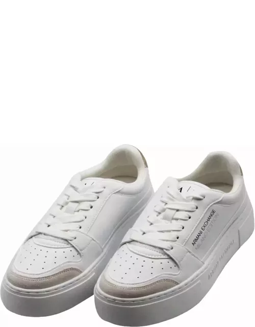 Armani Collezioni Leather Sneakers With Matching Box Sole And Lace Closure. Small Golden Rear Logo And Side Writing