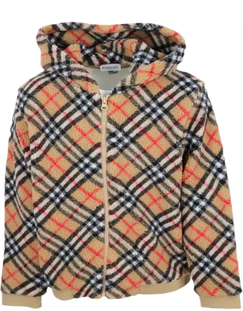 Burberry Long-sleeved Fleece Zip-up Hoodie With Check Pattern And Ribbed Fabric Cuff