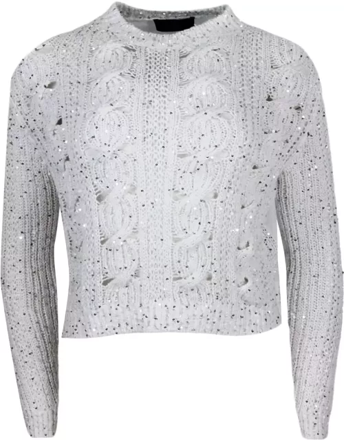 Lorena Antoniazzi Long-sleeved Crew-neck Sweater In Cotton With Braided Work Embellished With Microsequins And Back Part In Breathable Technical Fabric