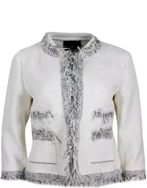 Lorena Antoniazzi Chanel-style Jacket With Long Sleeves And Mandarin Collar In Worked Cotton With Ribbon Applications On The Edge