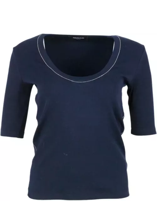Fabiana Filippi Ribbed Cotton T-shirt With U-neck, Elbow-length Sleeves Embellished With Rows Of Monili On The Neck And Side