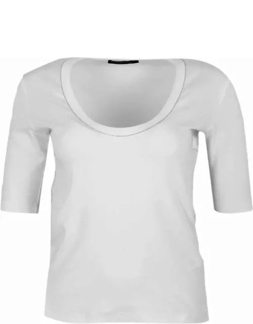 Fabiana Filippi Ribbed Cotton T-shirt With U-neck, Elbow-length Sleeves Embellished With Rows Of Monili On The Neck And Side