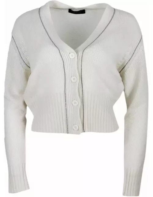 Fabiana Filippi Long-sleeved Cashmere Cardigan Sweater With Button Closure And Embellished With Rows Of Monili On The Front