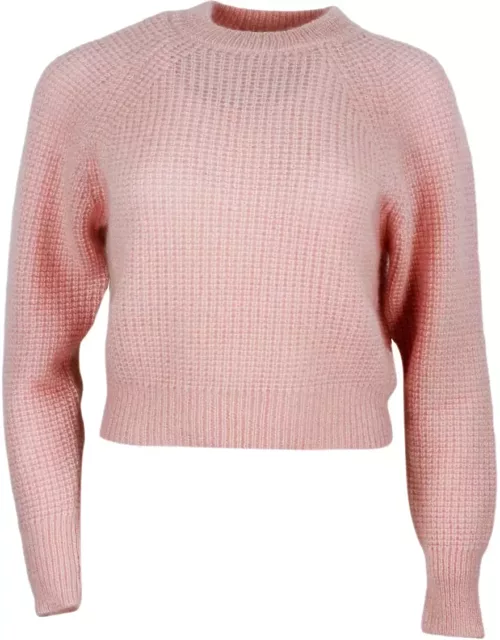 Fabiana Filippi Long-sleeved Crew-neck Sweater In Mohair, Cropped Model With Raglan Sleeves And Diamond Stitch Work