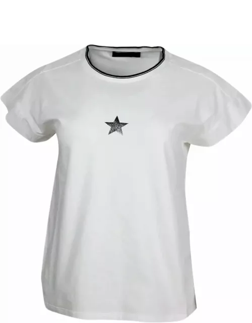 Lorena Antoniazzi Short-sleeved Crew-neck T-shirt In Stretch Cotton With Lurex Star On The Front