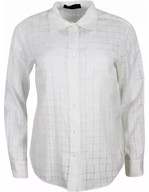 Lorena Antoniazzi Long-sleeved Shirt In Stretch Cotton With Perforated Window Work And Including Coordinated Top