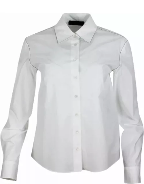 Fabiana Filippi Long-sleeved Shirt In Stretch Cotton Poplin With A Slim Fit Trimmed With Rows Of Brilliant Jewel
