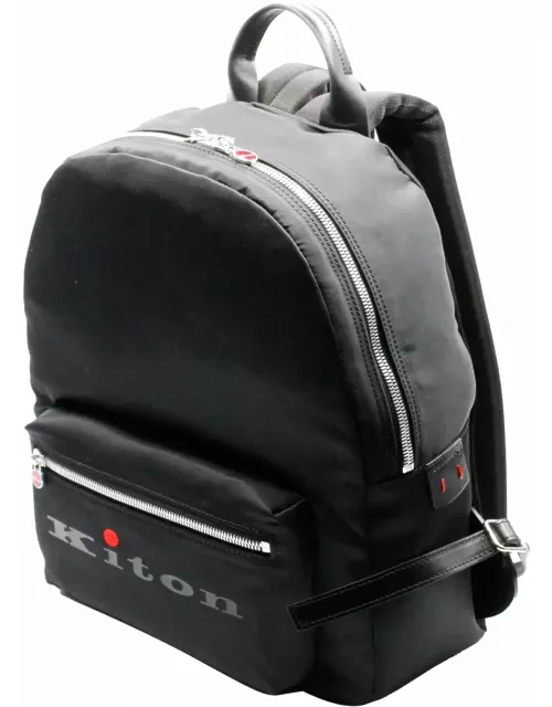 Kiton Backpack In Technical Fabric With Leather Inserts And Adjustable Shoulder Straps. Logo On The Front Pocket 40x33x15 C