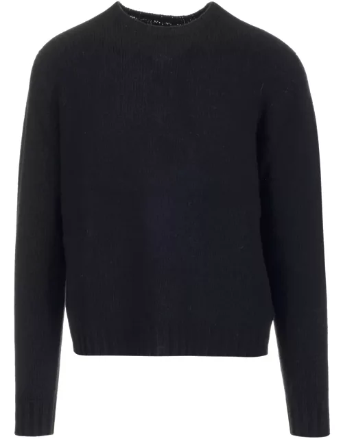 Palm Angels Black Wool Sweater With White Curved Logo On The Back