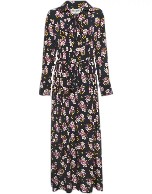 Zadig & Voltaire Black Floral Print Silk Pleated Button Front Maxi Dress