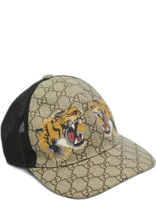 Gucci Beige Tiger Print GG Supreme Canvas & Mesh Baseball Cap