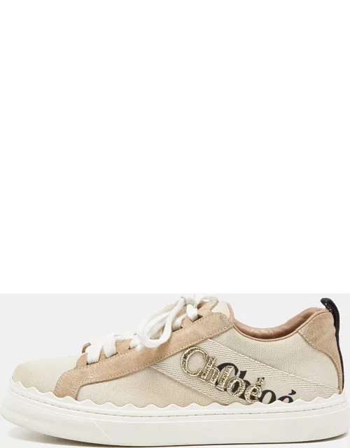 Chloé Beige Canvas and Suede Lauren Logo Embroidered Low Top Sneaker