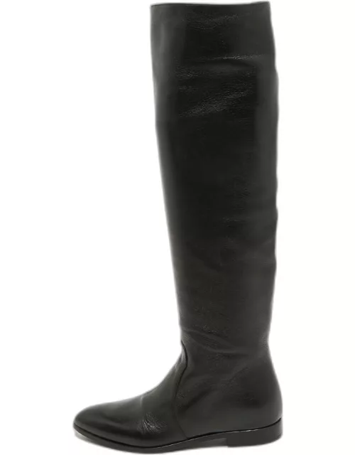 Prada Black Leather Knee High Block Heel Boot