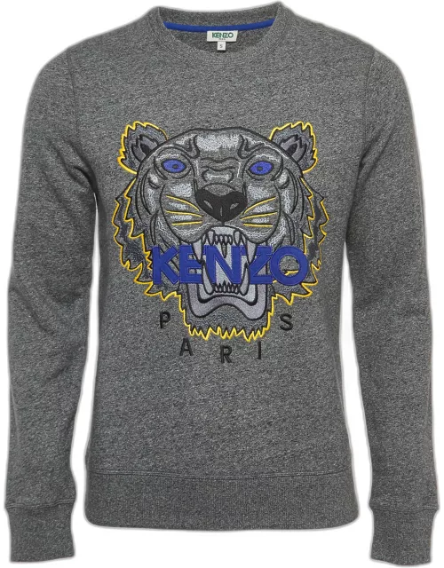 Kenzo Grey Logo Tiger Embroidered Cotton Crew Neck Sweatshirt
