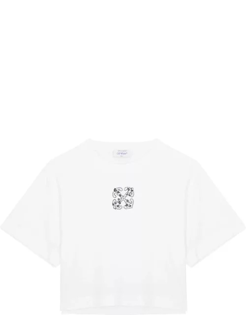 Off-white Bling Leaves Logo Cropped Cotton T-shirt - White And Black - S (UK8-10 / S)