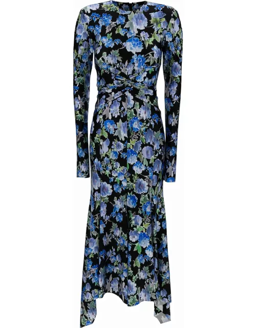 Philosophy di Lorenzo Serafini Black And Blue Maxi Dress With All-over Floreal Print In Stretch Fabric Woman