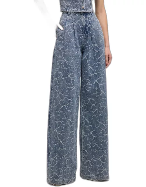 Adley High-Rise Wide-Leg Floral-Embroidered Jean