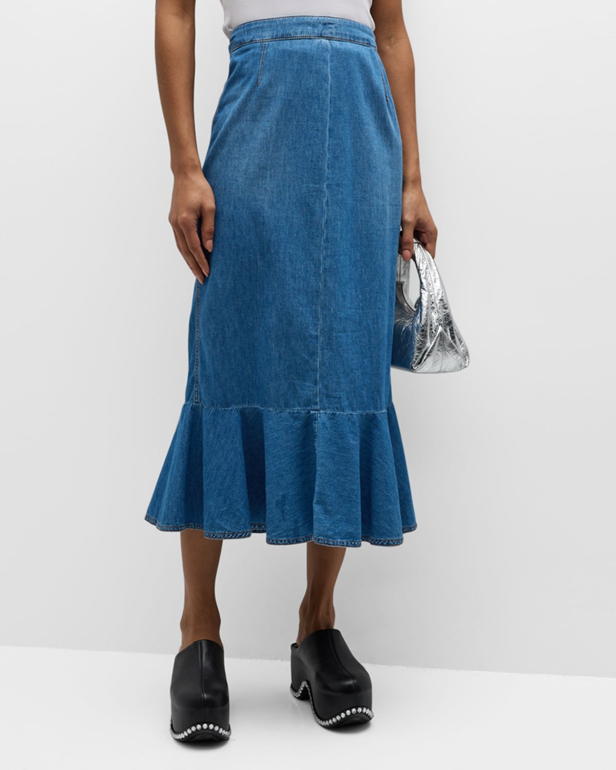 Chambray Fit-and-Flare Midi Skirt