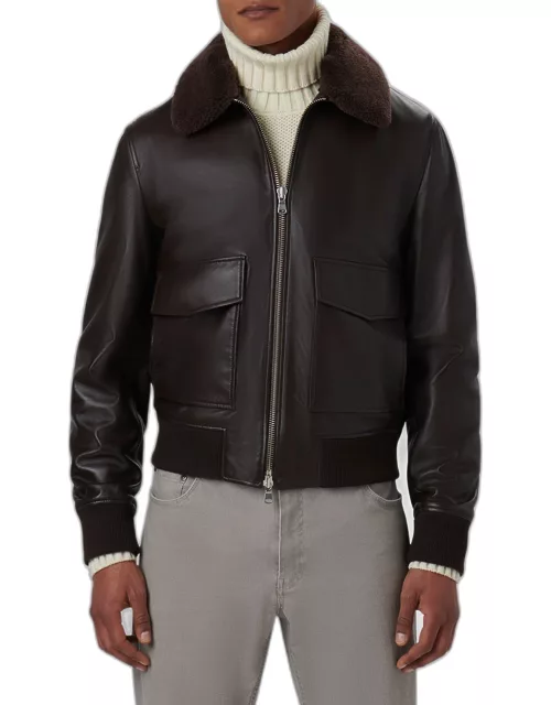 Men's Shearling-Collar Leather Bomber Jacket
