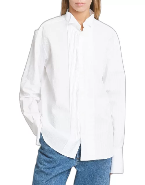 Pleated Bib-Front Wingtip Collared Striped Shirt