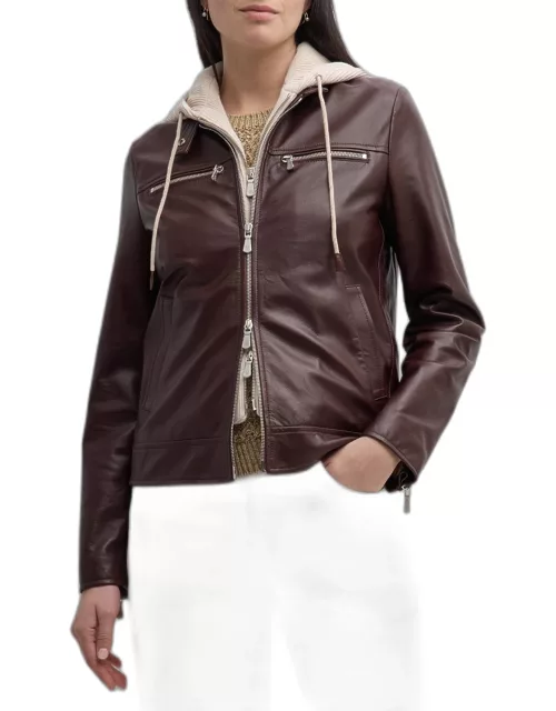 Hooded Zip-Front Leather Biker Jacket