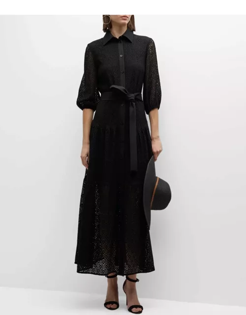 Tiered Blouson-Sleeve Lace Maxi Shirtdres