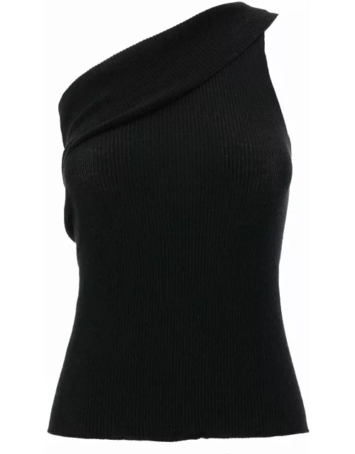 Rick Owens athena Black Ribbed One-shoulder Top In Wool Woman