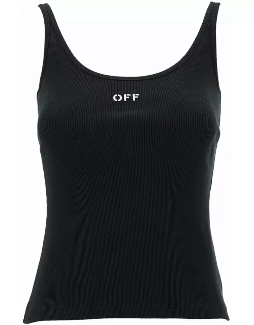 Off-White Black Ribbed Tank Top With Contrasting Logo Embroidery In Stretch Cotton Woman