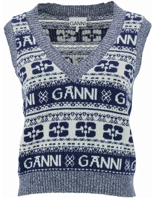 Ganni Grey Graphic V-neck Vest In Wool Blend Woman