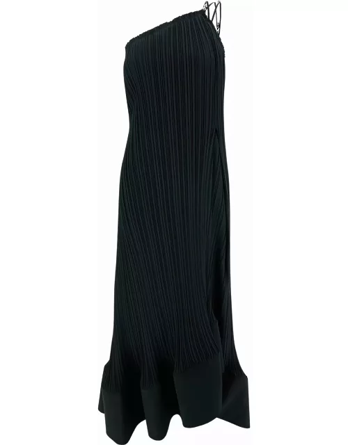 Lanvin Maxi Black One-shoulder Pleated Dress With Beads In Crêpe De Chine Woman