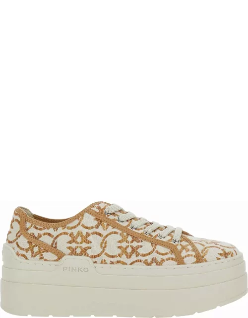 Pinko White And Gold Platform Sneakers With Love Birds Monogram In Canvas Woman
