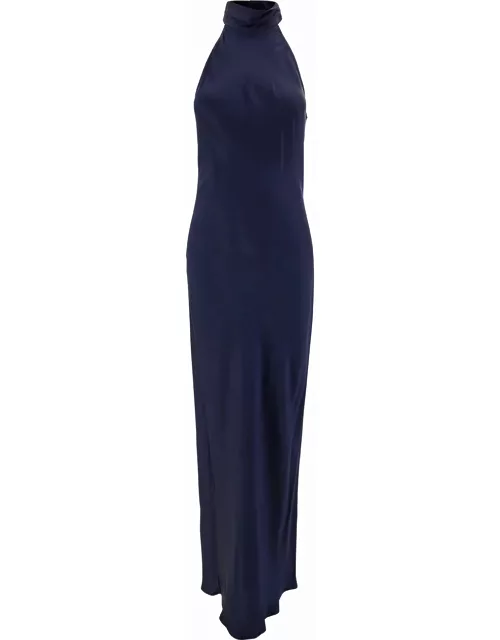 SEMICOUTURE elisha Long Blue Dress With Halterneck In Acetate And Silk Blend Woman