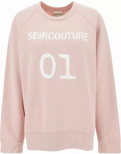 SEMICOUTURE Pink Crewneck Sweatshirt With Logo Print In Cotton Woman