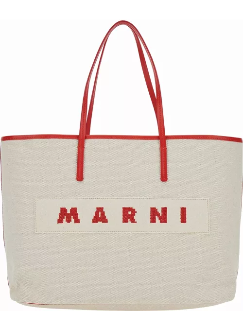 Marni small Janus White Tote Bag With Logo Patch In Cotton Woman