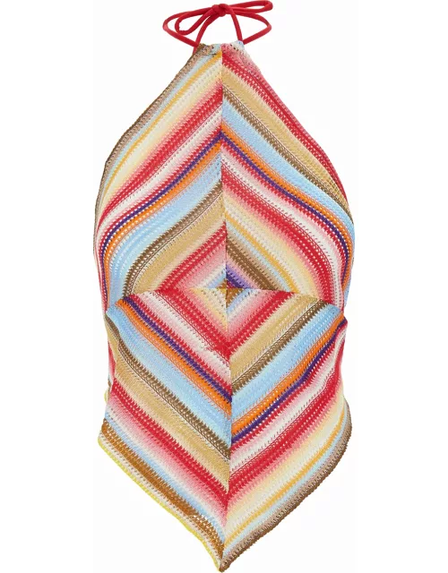 Missoni Multicolor Halterneck Top With Stripe Motif In Viscose Crochet Woman