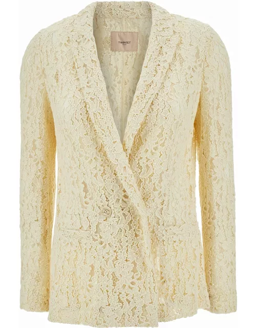 TwinSet Cream White Double-breasted Jacket With Logo Patch In Lace Woman