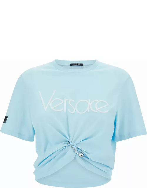 Versace Light Blue T-shirt With Medusa Pin Detail In Cotton Woman