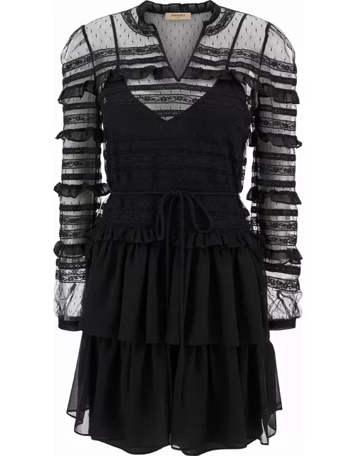TwinSet Mini Black Dress With Frills And Flounces In Tech Fabric Woman