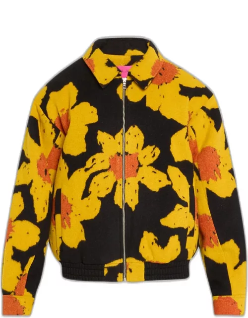 Men's Tricolor Wool-Cashmere Floral Bomber Jacket