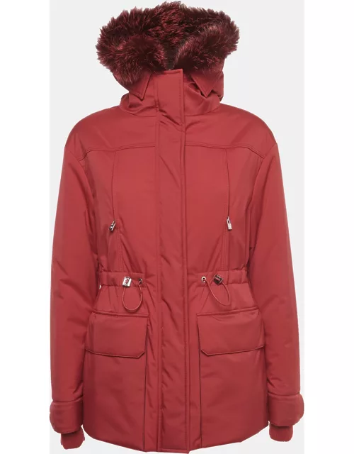 Loro Piana Red Nylon Fox Fur Trimmed Zip Front Jacket