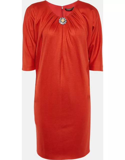 Roberto Cavalli Orange Wool Brooch Detailed Neck Mini Dress