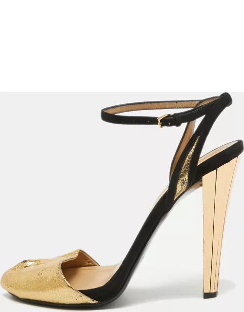 Gucci Gold/Black Leather and Suede Ankle Strap Sandal