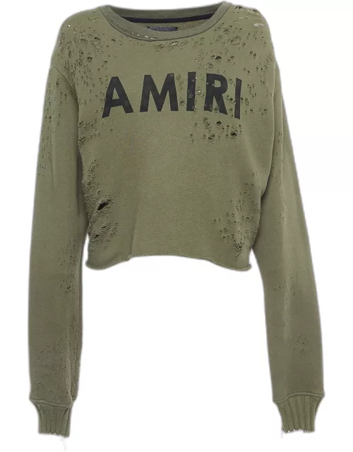 Amiri Military Green Logo Print Distressed Cotton Sweatshirt