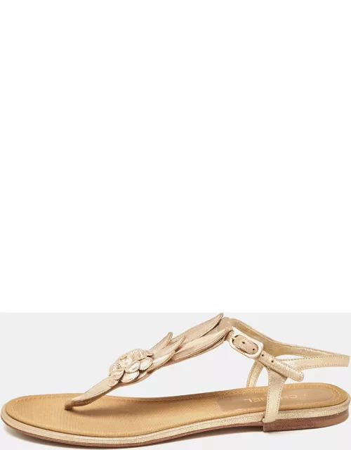 Chanel Gold Suede CC Camellia Leaf Detail Thong Flat Sandal