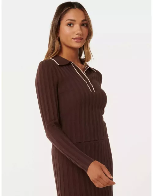 Forever New Women's Edith Petite Knit Polo Top in Chocolate