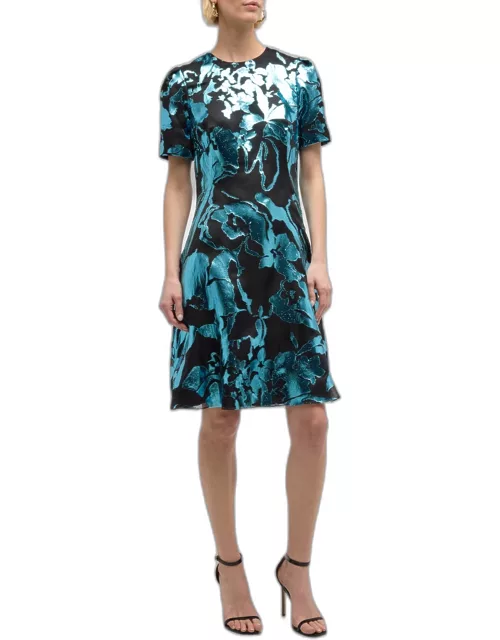 Metallic Floral Fil Coupe Short-Sleeve Cocktail Dres